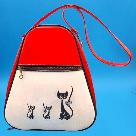Mid Century Modern Siamese Cat Handbag 1950s 1960s Red White Japan Purse - Picture 3 of 11